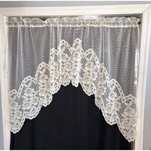 Cream Floral Lace Sheer Window Curtain Valance 58” W X 37” H Scalloped Edge Desi